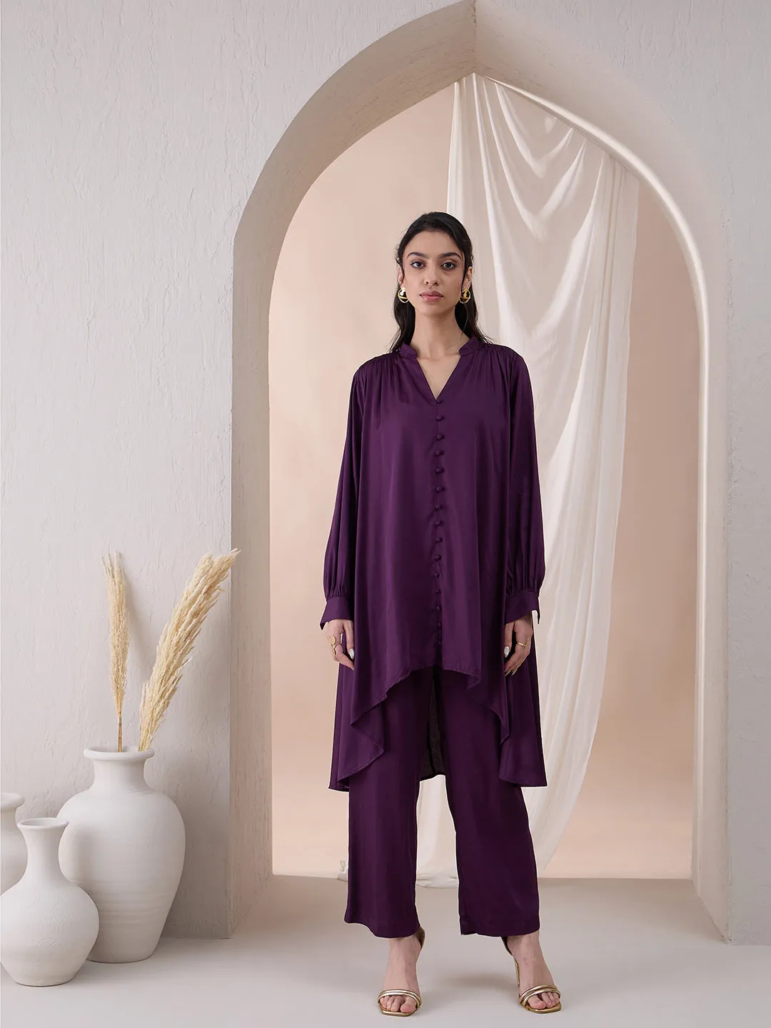 Wine High Low Tunic With Straight Pant