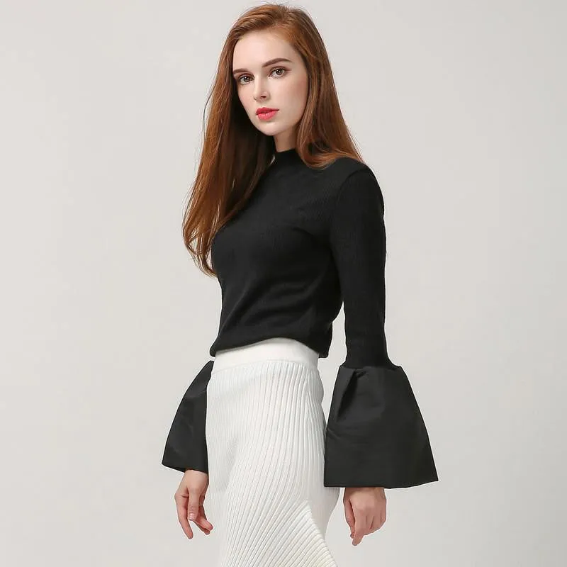 women hoodies sweatshirts splicing flare sleeves high collar pullover thin knitwear streetwear