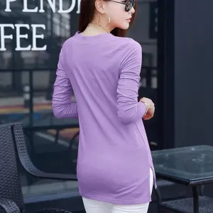 Women T Shirt Solid Color Long Sleeve Top Ladies Slim Tee Shirts Autumn Spring Fashion Tops Tee Female V-neck Pullover