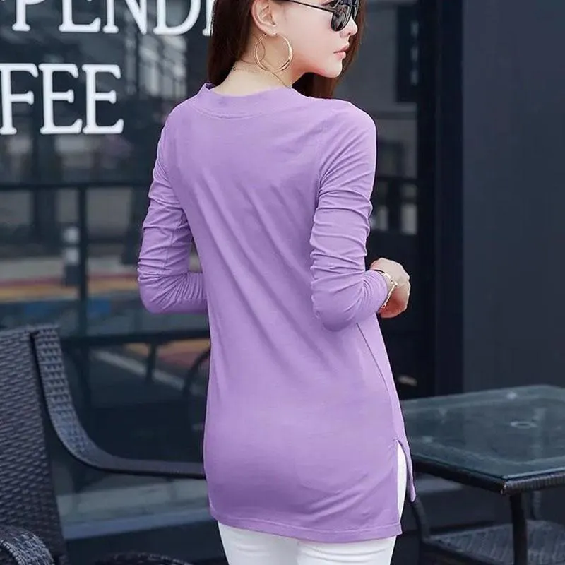 Women T Shirt Solid Color Long Sleeve Top Ladies Slim Tee Shirts Autumn Spring Fashion Tops Tee Female V-neck Pullover