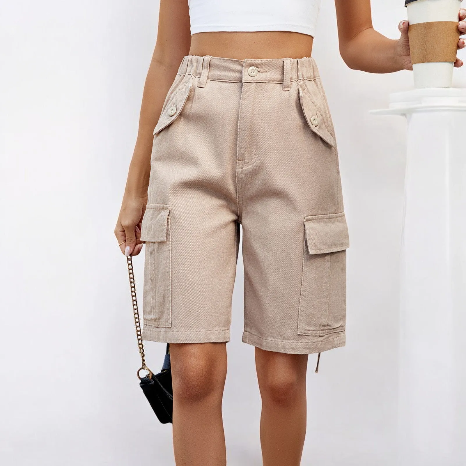 Women Washed Overalls Fifth Casual Shorts