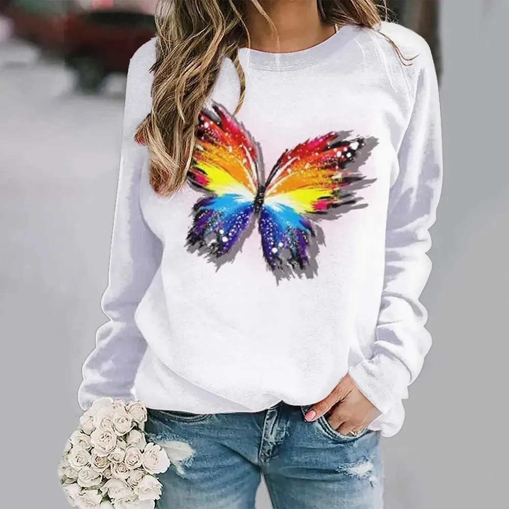 Women's Animal Butterfly Print Sweater, Basic Jumpers, Long Sleeve, O-Collar, Warm Pullovers, Ladies' Leisure Tops, Autumn