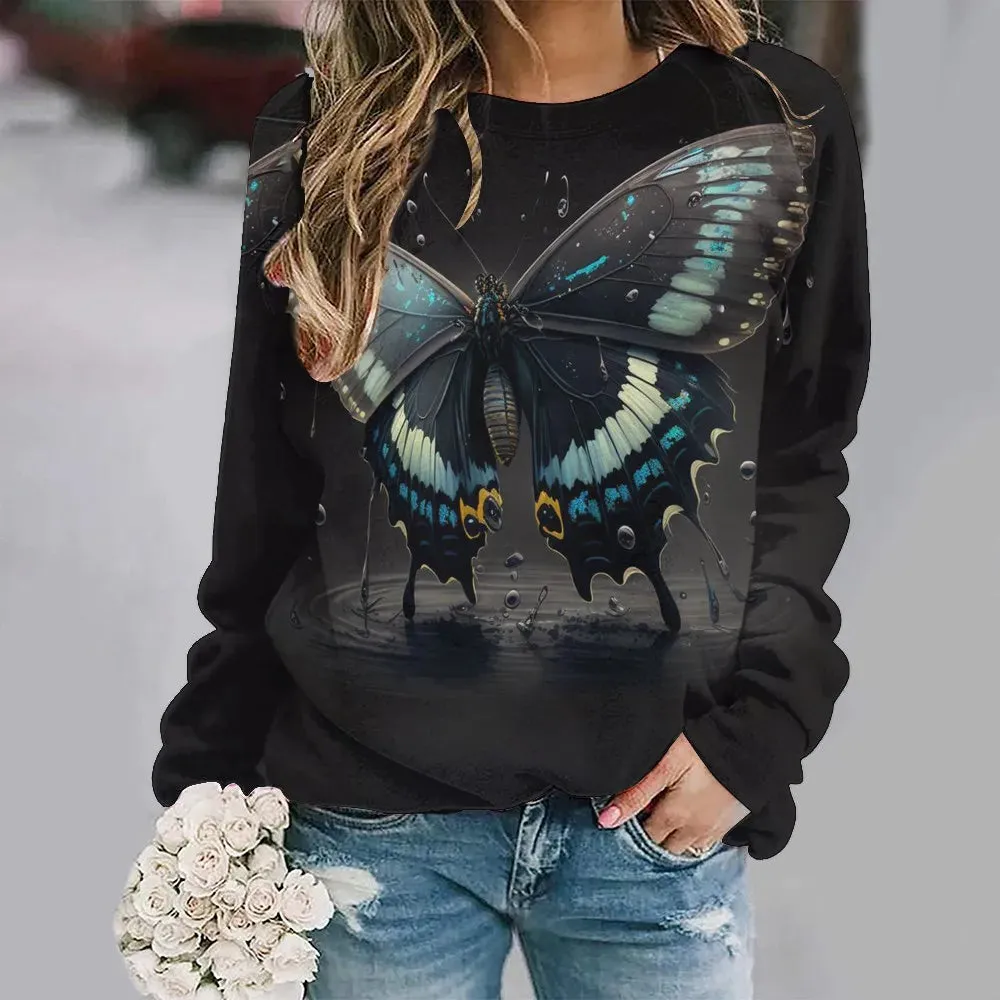 Women's Animal Butterfly Print Sweater, Basic Jumpers, Long Sleeve, O-Collar, Warm Pullovers, Ladies' Leisure Tops, Autumn