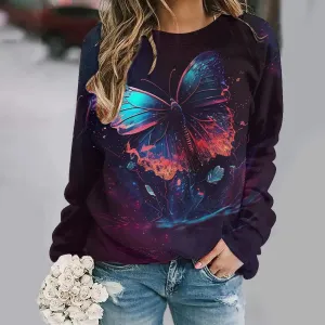 Women's Animal Butterfly Print Sweater, Basic Jumpers, Long Sleeve, O-Collar, Warm Pullovers, Ladies' Leisure Tops, Autumn