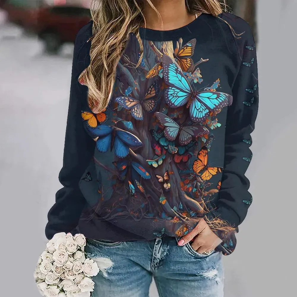 Women's Animal Butterfly Print Sweater, Basic Jumpers, Long Sleeve, O-Collar, Warm Pullovers, Ladies' Leisure Tops, Autumn