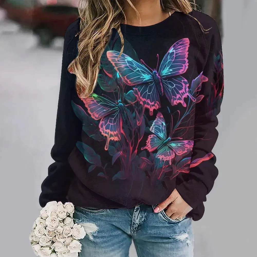 Women's Animal Butterfly Print Sweater, Basic Jumpers, Long Sleeve, O-Collar, Warm Pullovers, Ladies' Leisure Tops, Autumn