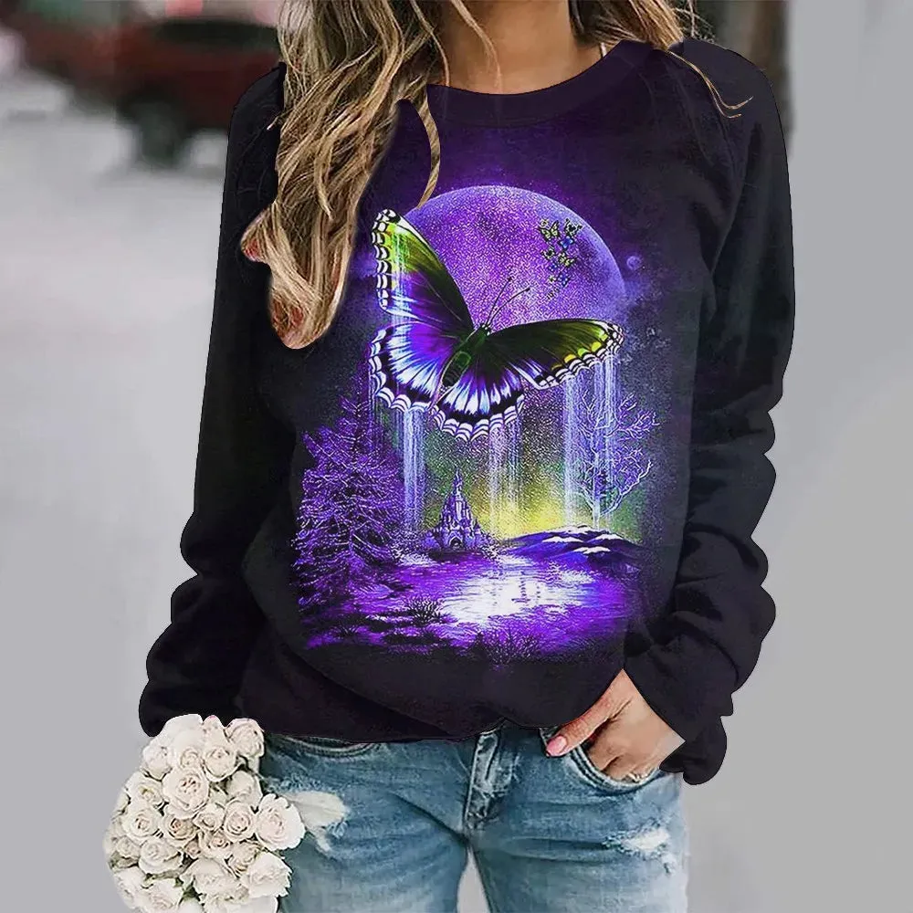 Women's Animal Butterfly Print Sweater, Basic Jumpers, Long Sleeve, O-Collar, Warm Pullovers, Ladies' Leisure Tops, Autumn