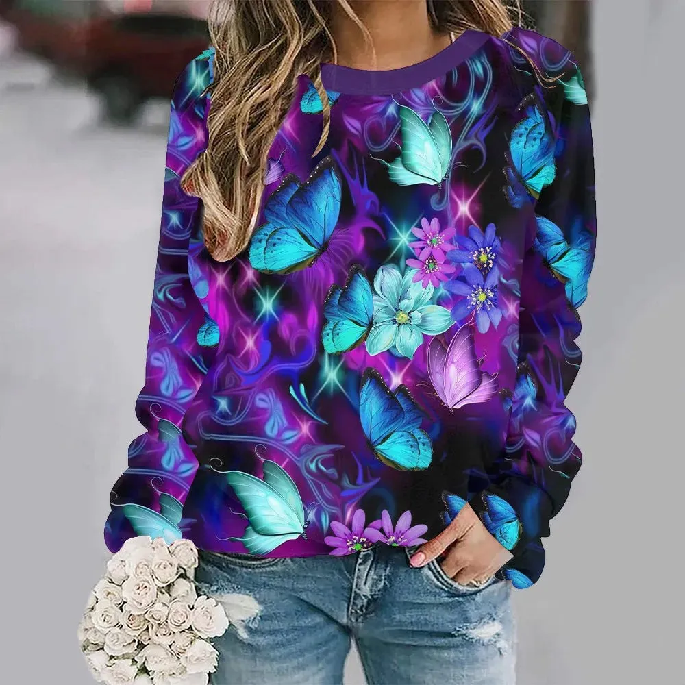 Women's Animal Butterfly Print Sweater, Basic Jumpers, Long Sleeve, O-Collar, Warm Pullovers, Ladies' Leisure Tops, Autumn