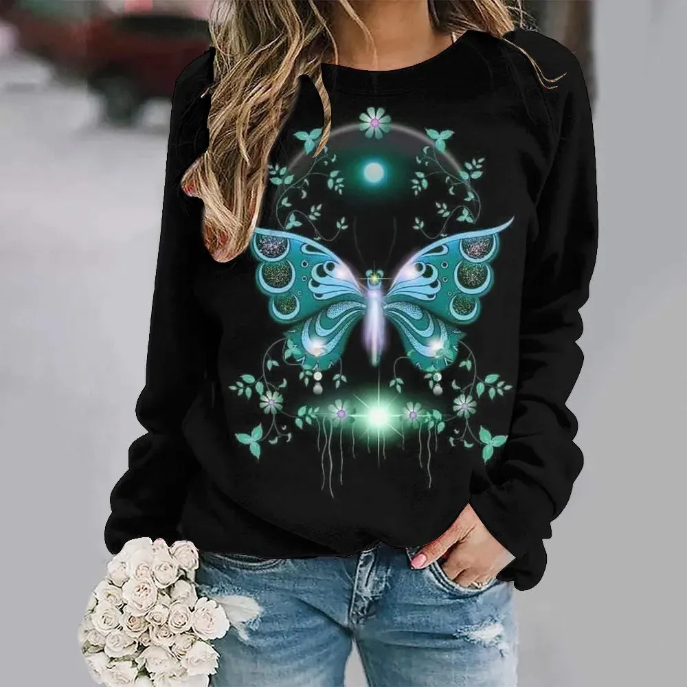 Women's Animal Butterfly Print Sweater, Basic Jumpers, Long Sleeve, O-Collar, Warm Pullovers, Ladies' Leisure Tops, Autumn