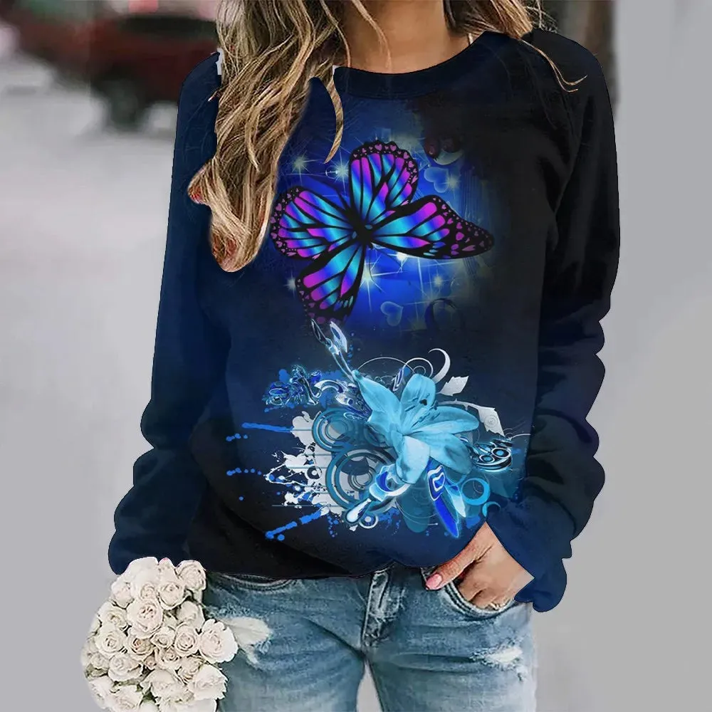 Women's Animal Butterfly Print Sweater, Basic Jumpers, Long Sleeve, O-Collar, Warm Pullovers, Ladies' Leisure Tops, Autumn