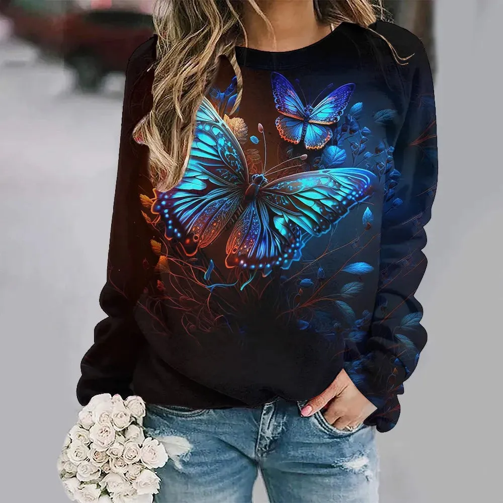 Women's Animal Butterfly Print Sweater, Basic Jumpers, Long Sleeve, O-Collar, Warm Pullovers, Ladies' Leisure Tops, Autumn