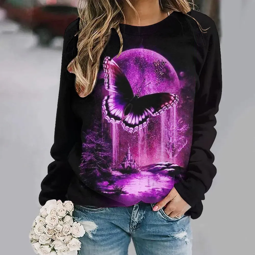 Women's Animal Butterfly Print Sweater, Basic Jumpers, Long Sleeve, O-Collar, Warm Pullovers, Ladies' Leisure Tops, Autumn