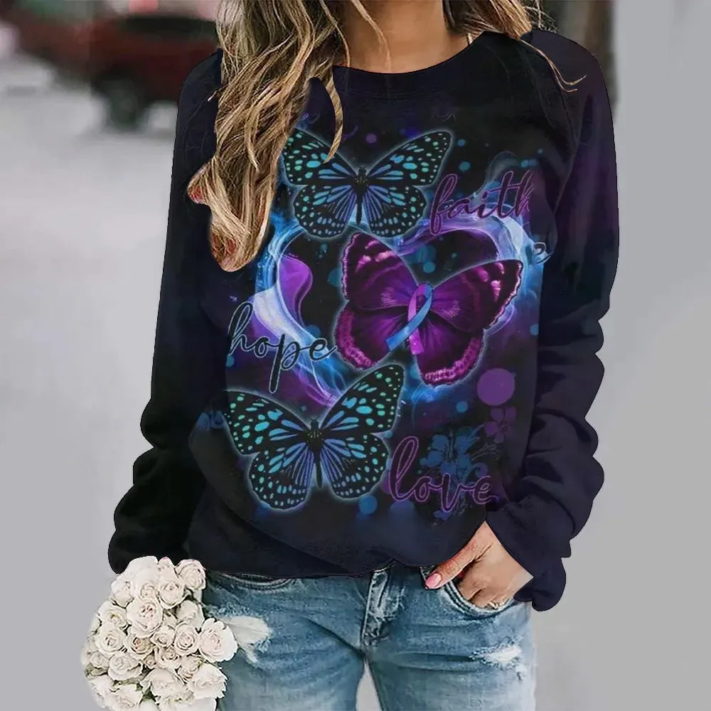Women's Animal Butterfly Print Sweater, Basic Jumpers, Long Sleeve, O-Collar, Warm Pullovers, Ladies' Leisure Tops, Autumn