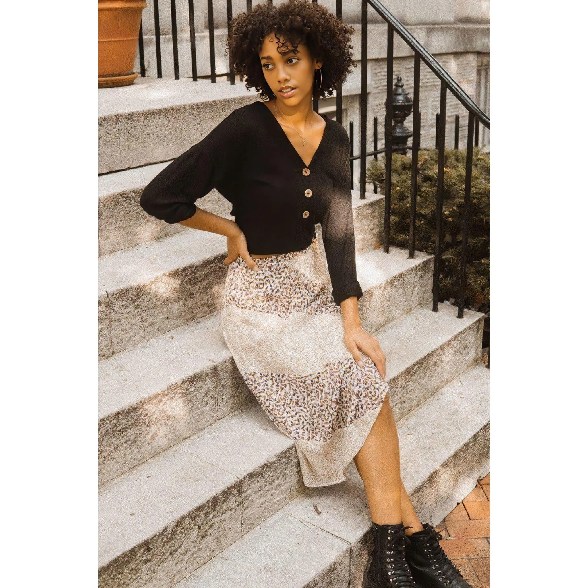 Women's Blossom Patchwork Midi Skirt - Color block Floral