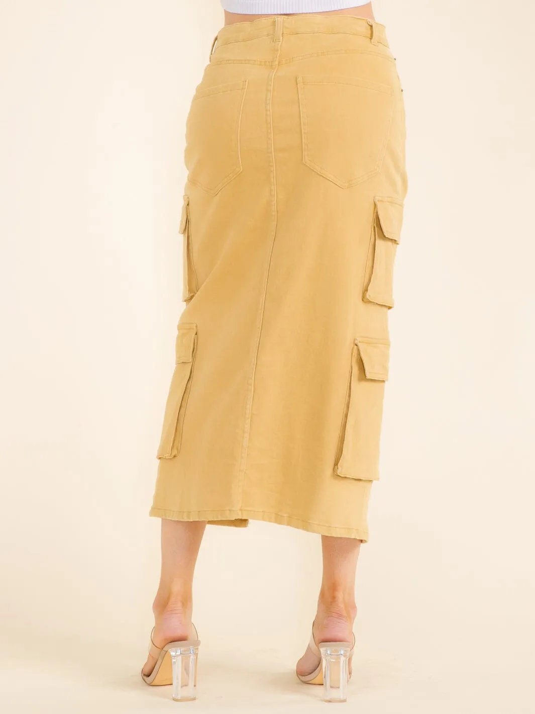 WOMEN'S BUTTON CLOSURE FRONT SLIT CARGO POCKETS DENIM MIDI SKIRT