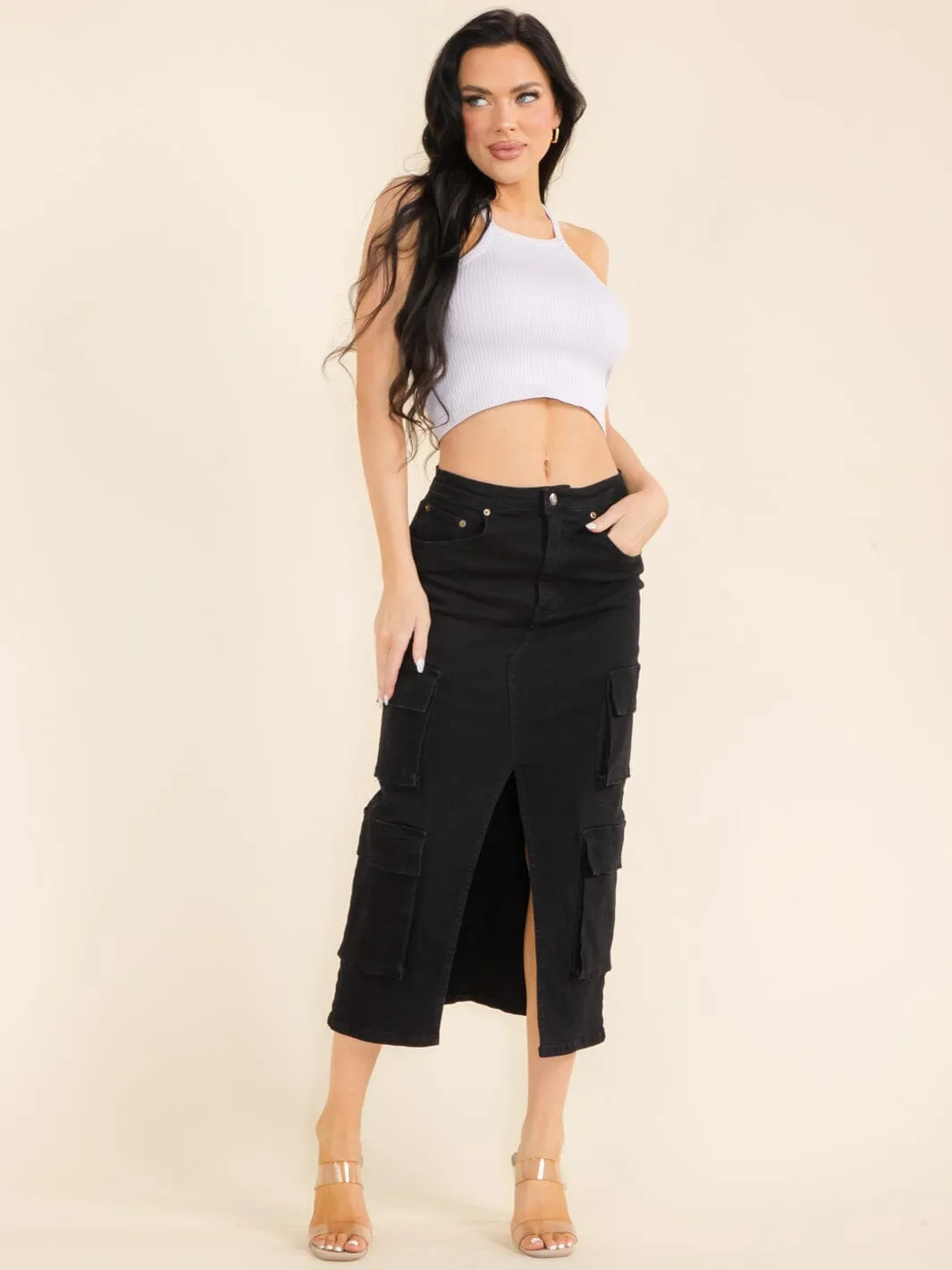 WOMEN'S BUTTON CLOSURE FRONT SLIT CARGO POCKETS DENIM MIDI SKIRT