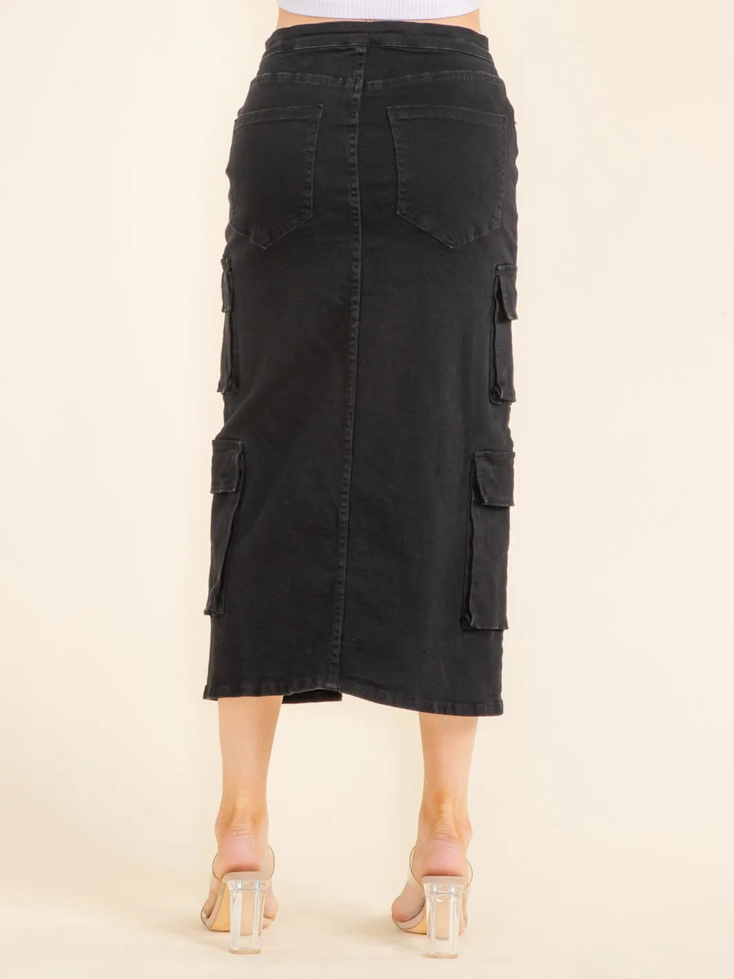 WOMEN'S BUTTON CLOSURE FRONT SLIT CARGO POCKETS DENIM MIDI SKIRT
