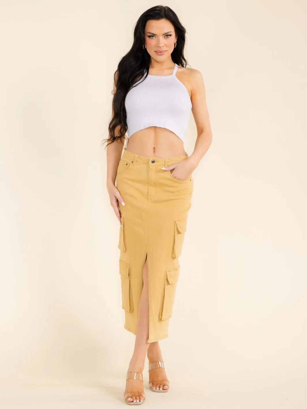 WOMEN'S BUTTON CLOSURE FRONT SLIT CARGO POCKETS DENIM MIDI SKIRT