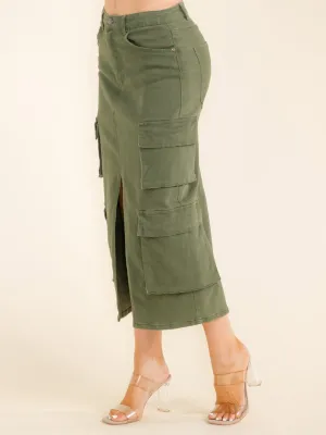 WOMEN'S BUTTON CLOSURE FRONT SLIT CARGO POCKETS DENIM MIDI SKIRT