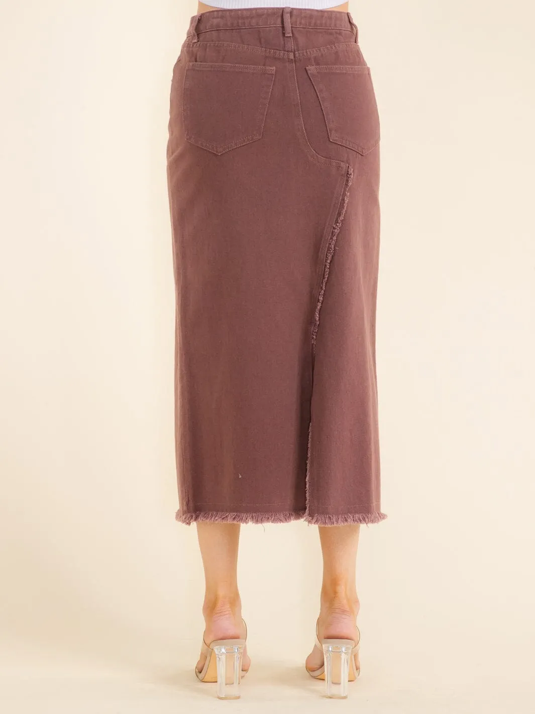 WOMEN'S BUTTON CLOSURE SIDE SLIT POCKETS DENIM MIDI SKIRT
