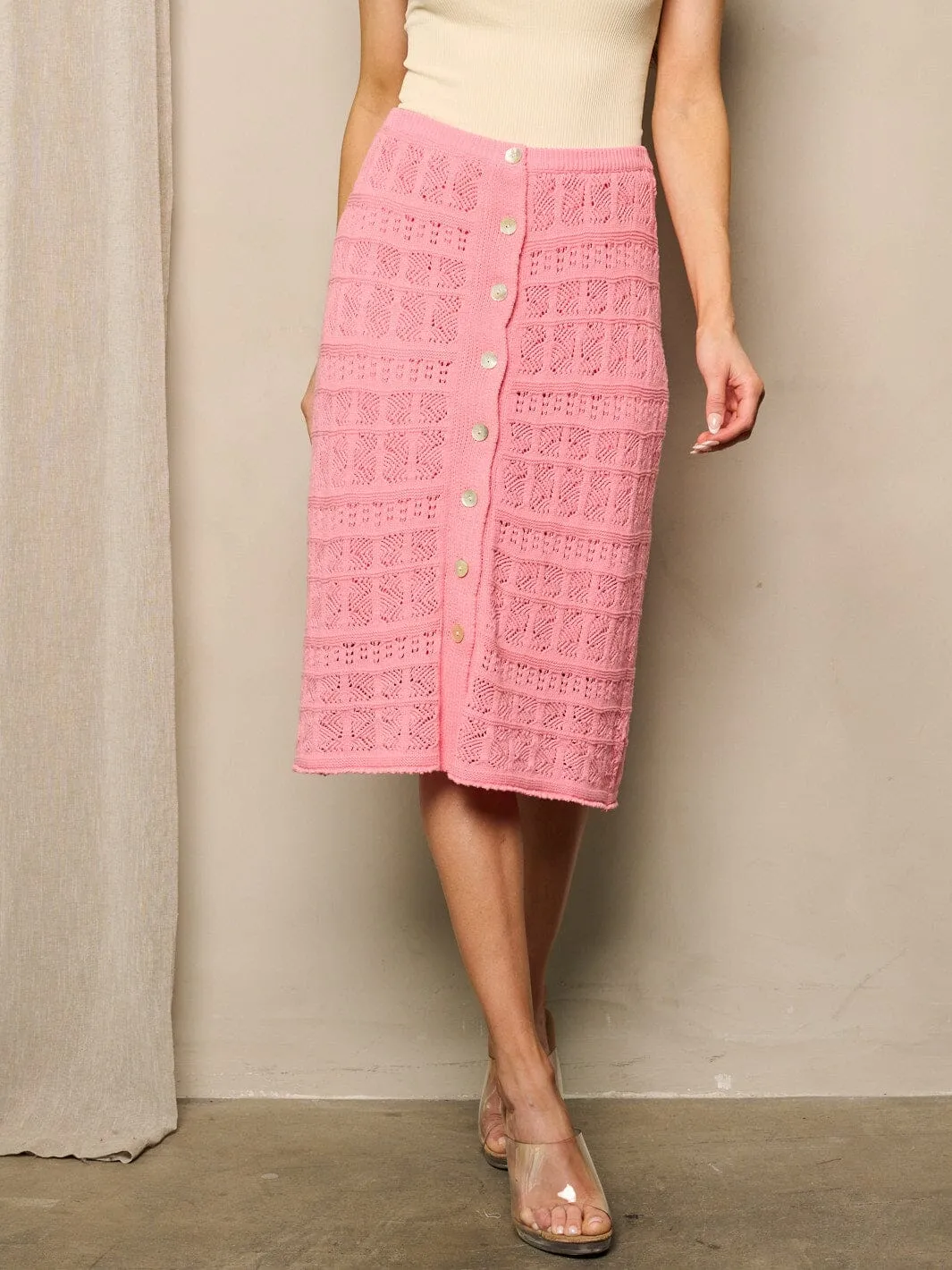 WOMEN'S BUTTON UP DETAILED KNIT MIDI SKIRT
