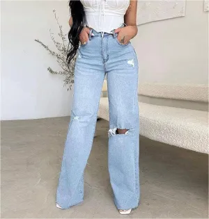 Women's jeans long ripped comfortable wide-leg pants