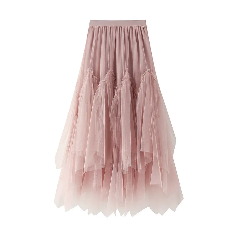 Women's Mid-length A-line Skirt Mesh Irregular Pleated Skirt