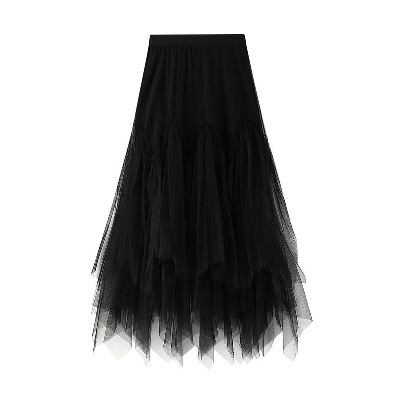 Women's Mid-length A-line Skirt Mesh Irregular Pleated Skirt
