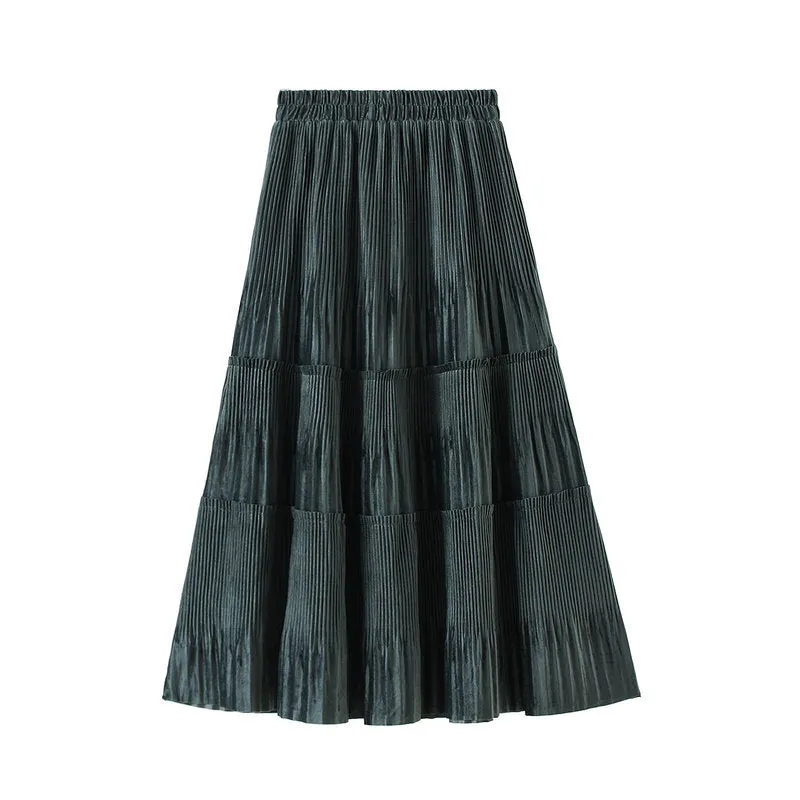 Women's Mid Length Pleated Skirt Gold Velvet Skirt