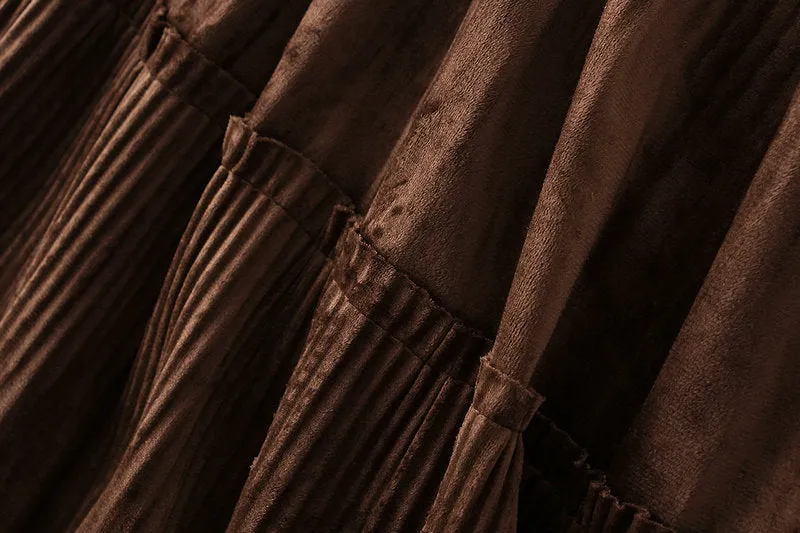 Women's Mid Length Pleated Skirt Gold Velvet Skirt