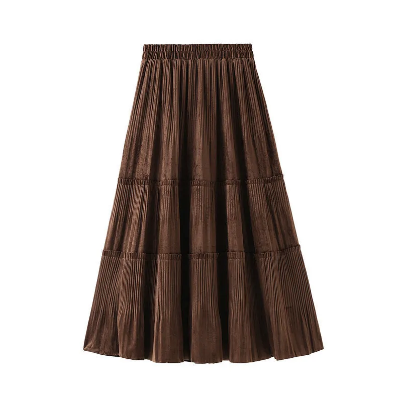 Women's Mid Length Pleated Skirt Gold Velvet Skirt