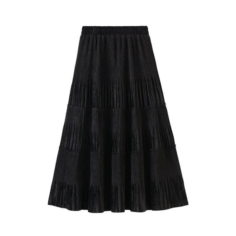 Women's Mid Length Pleated Skirt Gold Velvet Skirt