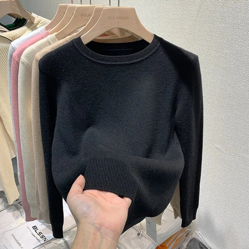 Women's O-Neck Long Sleeve Thicken Slim Soft Velvet Knitted Pullover Jerseys
