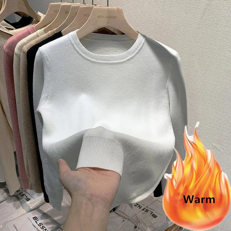 Women's O-Neck Long Sleeve Thicken Slim Soft Velvet Knitted Pullover Jerseys