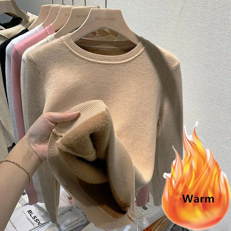 Women's O-Neck Long Sleeve Thicken Slim Soft Velvet Knitted Pullover Jerseys