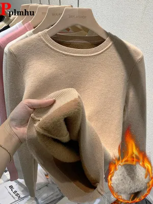 Women's O-Neck Long Sleeve Thicken Slim Soft Velvet Knitted Pullover Jerseys