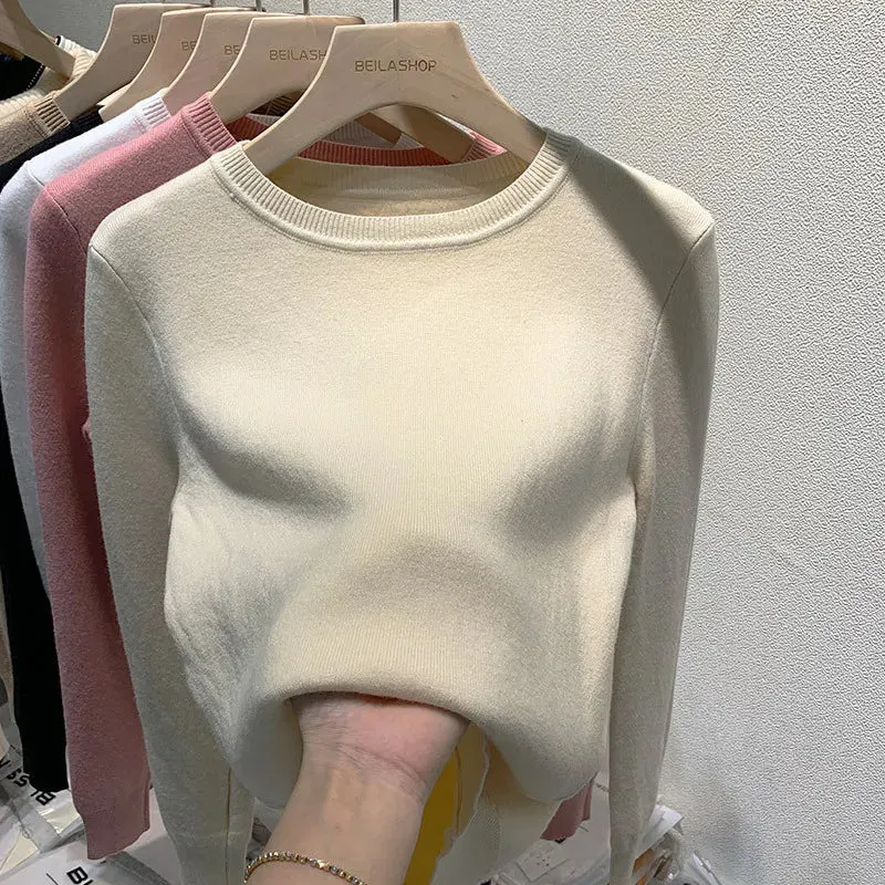 Women's O-Neck Long Sleeve Thicken Slim Soft Velvet Knitted Pullover Jerseys