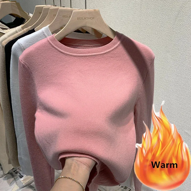Women's O-Neck Long Sleeve Thicken Slim Soft Velvet Knitted Pullover Jerseys