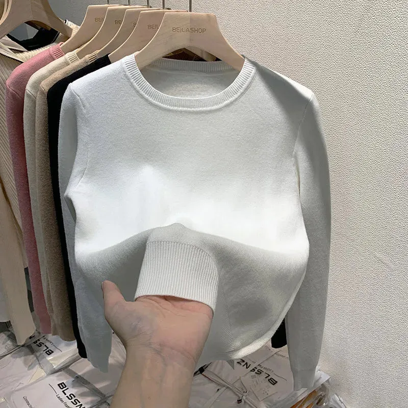 Women's O-Neck Long Sleeve Thicken Slim Soft Velvet Knitted Pullover Jerseys