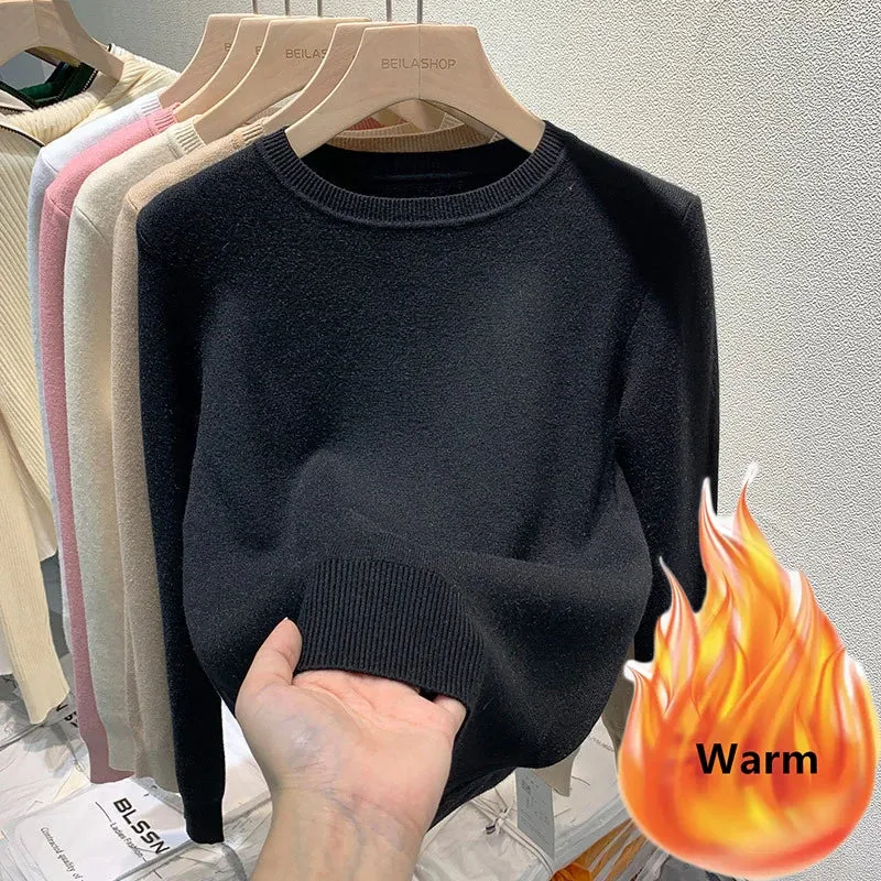 Women's O-Neck Long Sleeve Thicken Slim Soft Velvet Knitted Pullover Jerseys