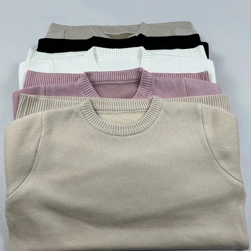 Women's O-Neck Long Sleeve Thicken Slim Soft Velvet Knitted Pullover Jerseys