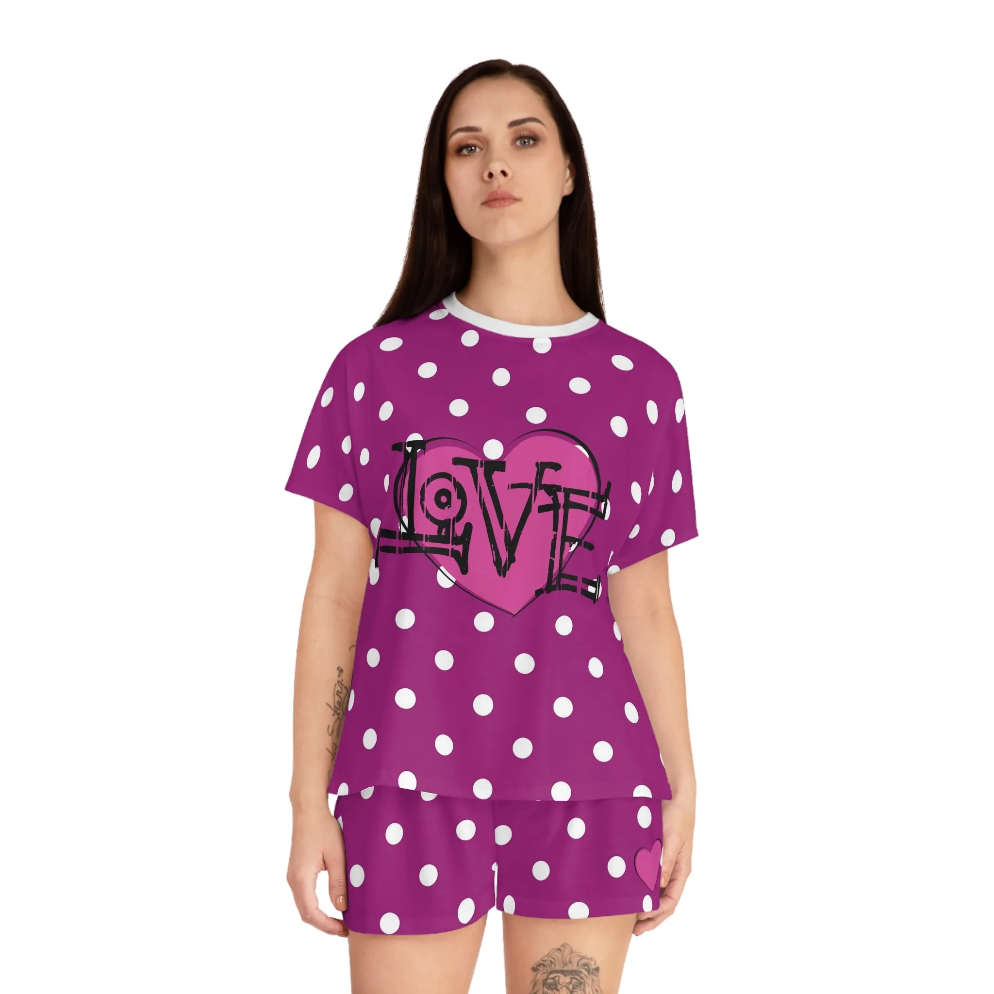 Women's Purple & White Poka Dot Love Graphic Short Pajama Set