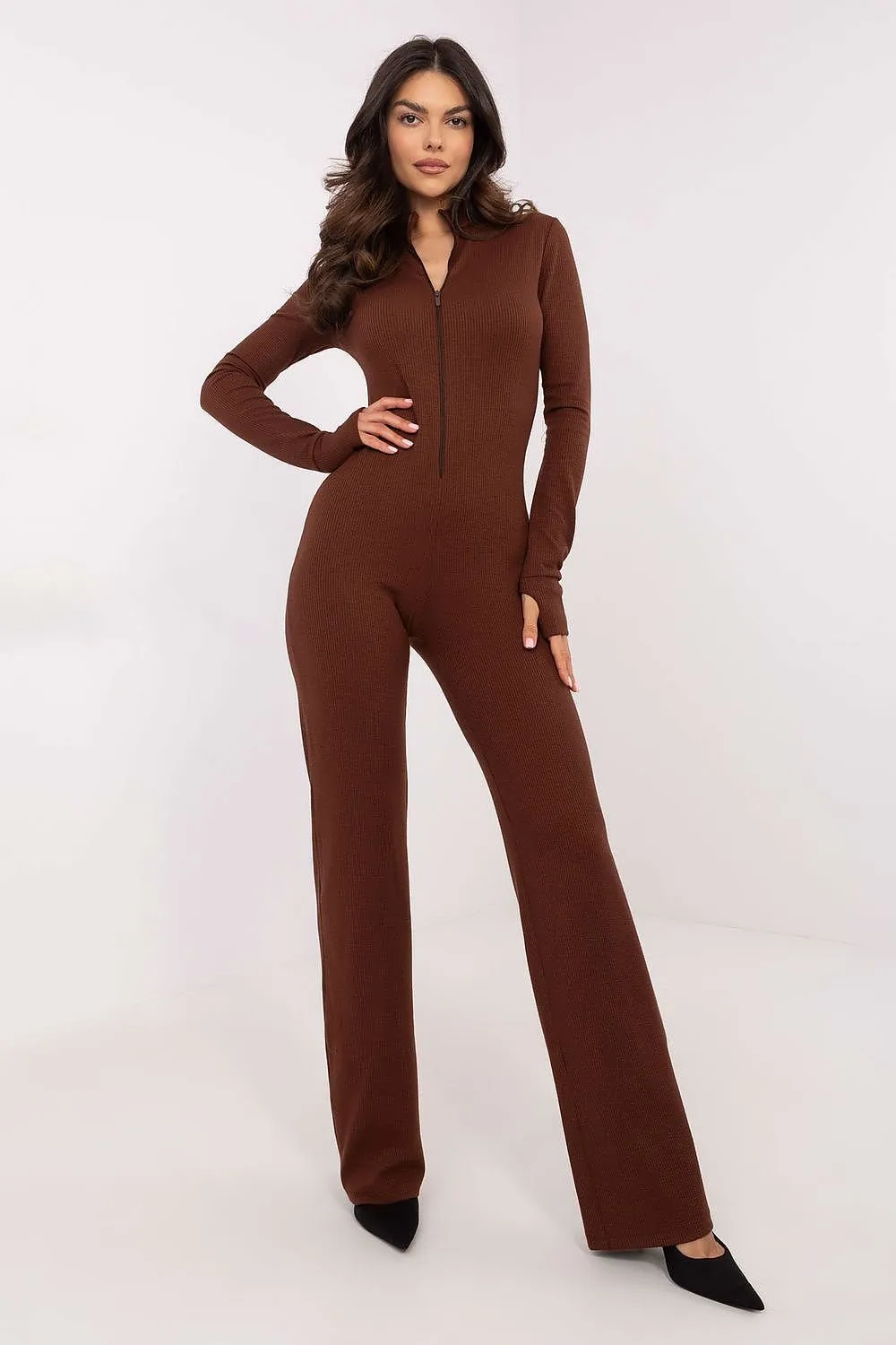 Women's ribbed fabric long sleeves jumpsuit