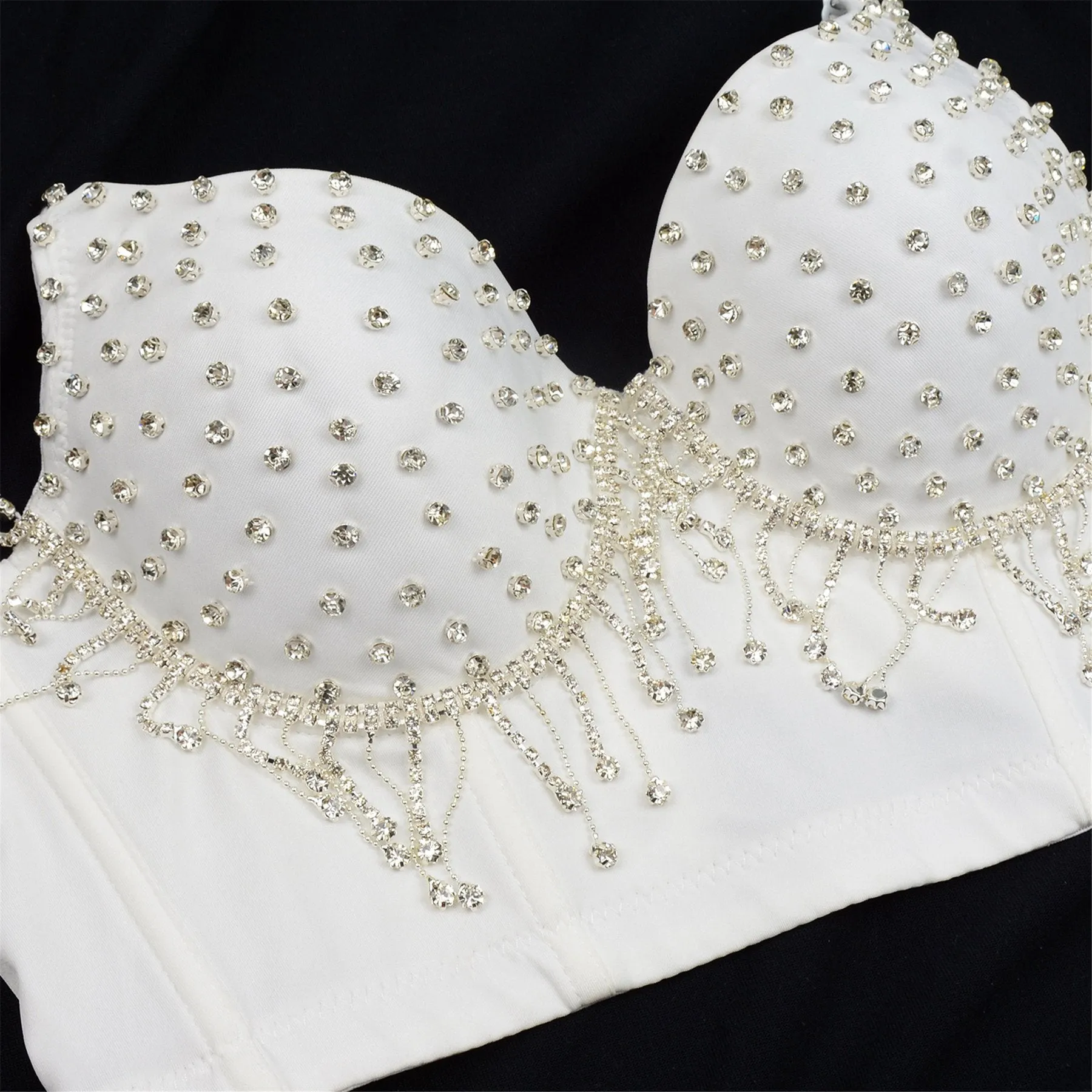 Women's Tassel Rhinestone Diamond Bustier Crop Top Luxury Corset Bra White