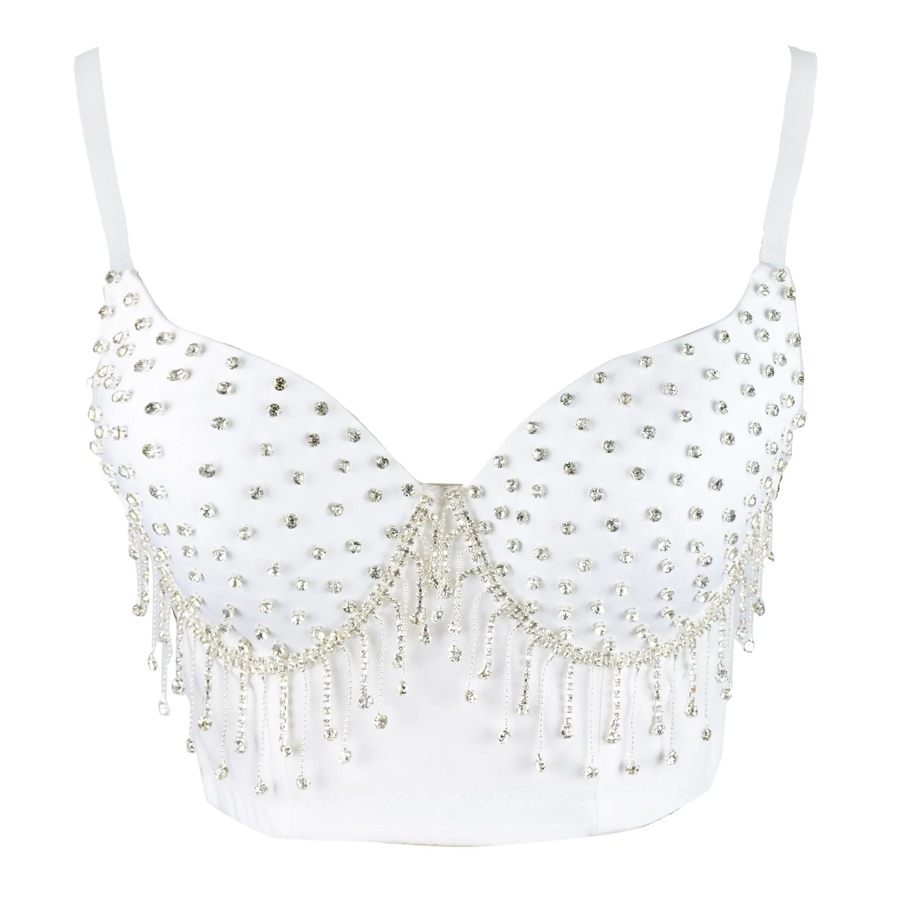 Women's Tassel Rhinestone Diamond Bustier Crop Top Luxury Corset Bra White