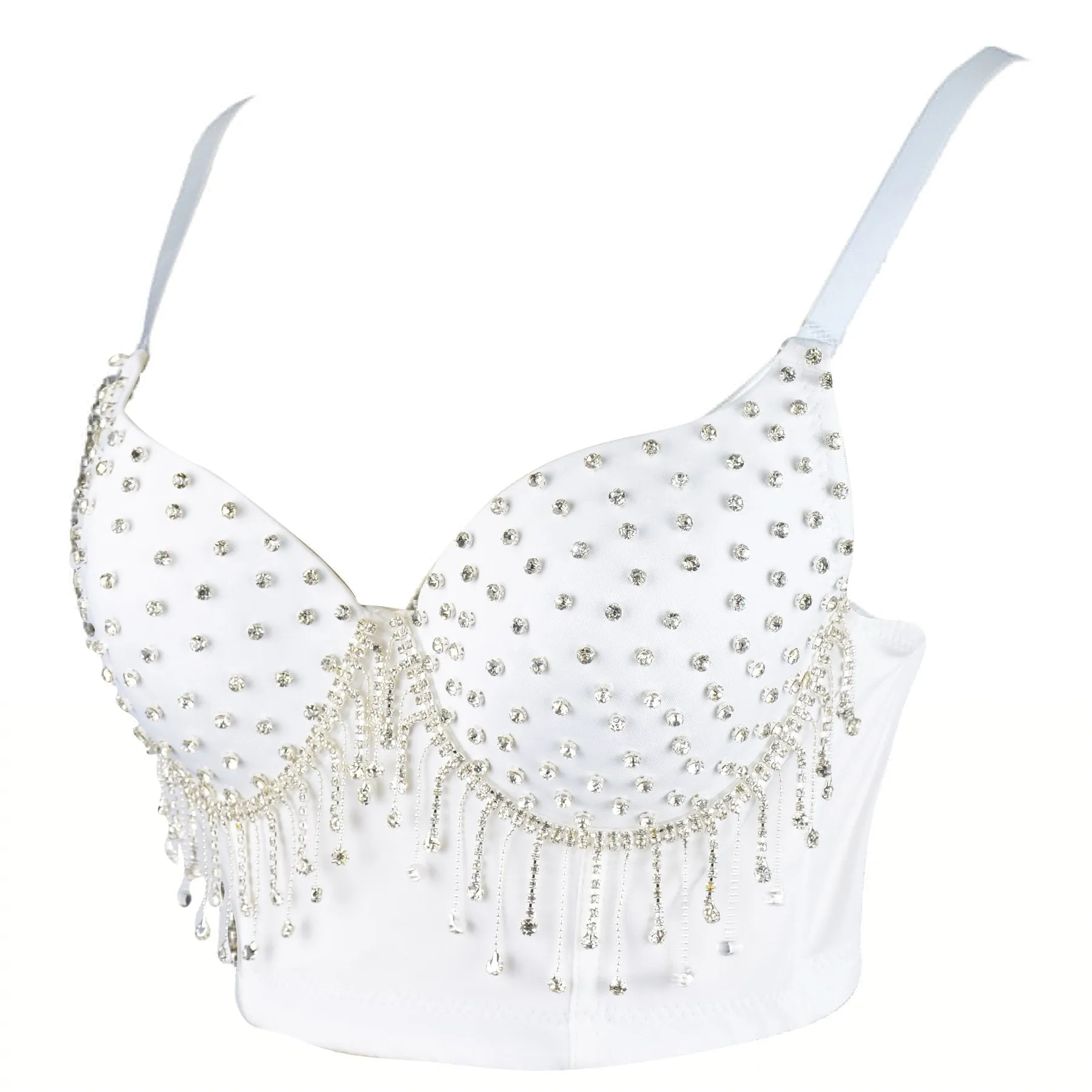 Women's Tassel Rhinestone Diamond Bustier Crop Top Luxury Corset Bra White