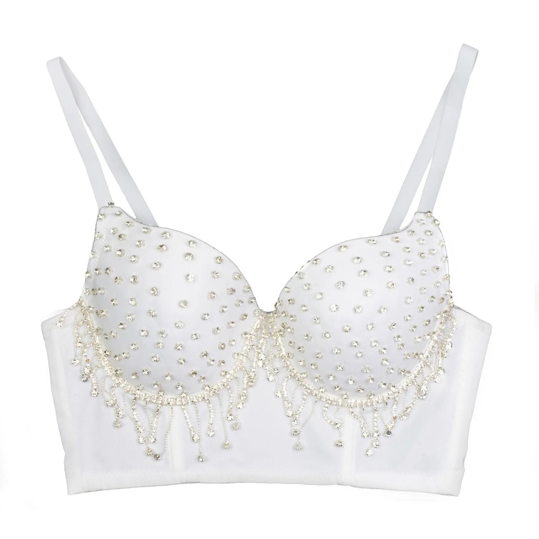 Women's Tassel Rhinestone Diamond Bustier Crop Top Luxury Corset Bra White