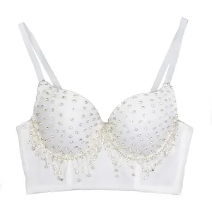 Women's Tassel Rhinestone Diamond Bustier Crop Top Luxury Corset Bra White