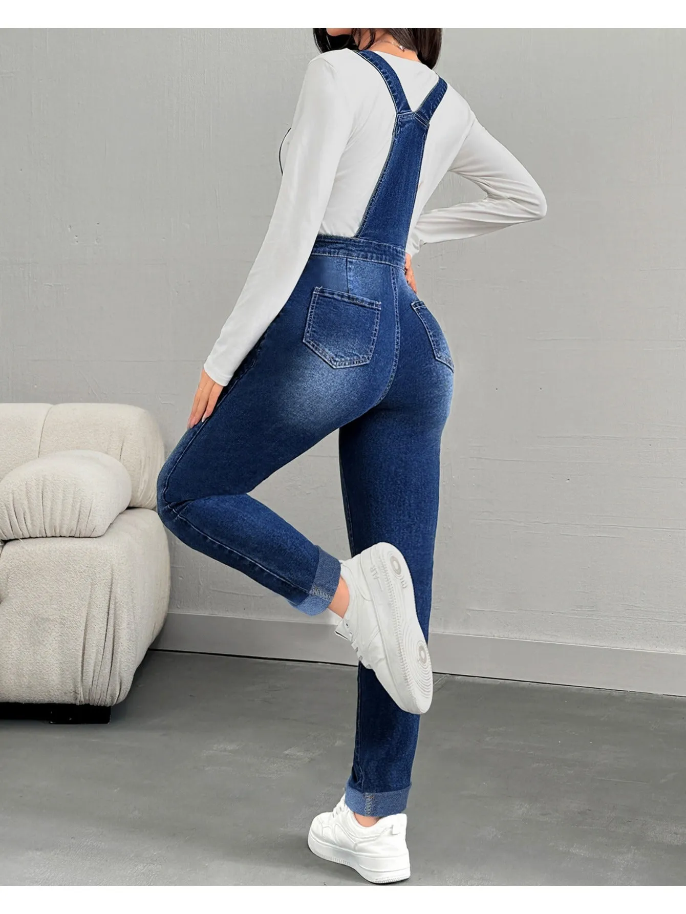 Women's Tight Denim Overalls – Classic Adjustable Straps & Skinny Tapered Fit