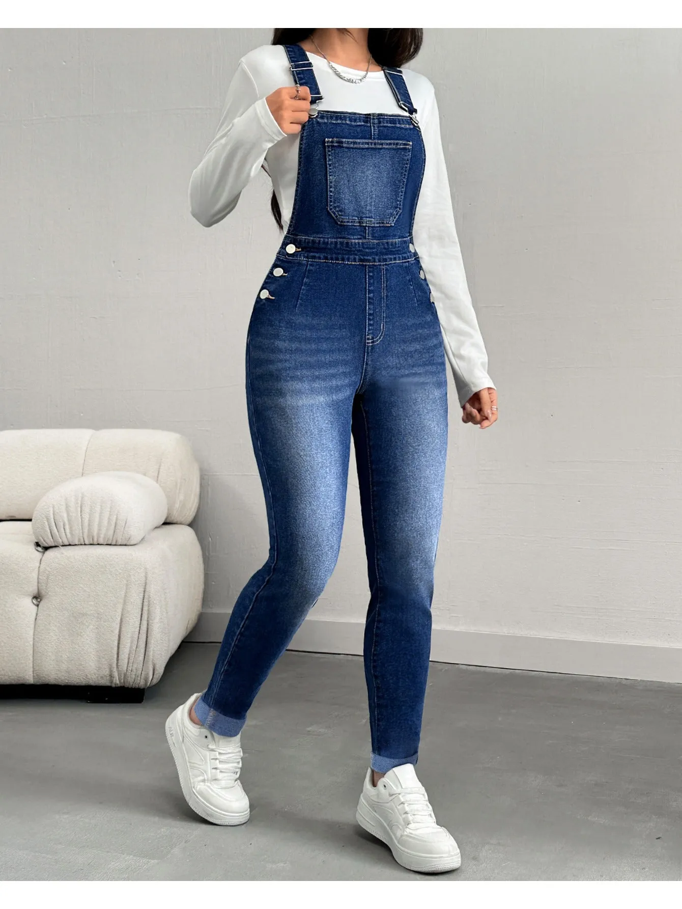 Women's Tight Denim Overalls – Classic Adjustable Straps & Skinny Tapered Fit